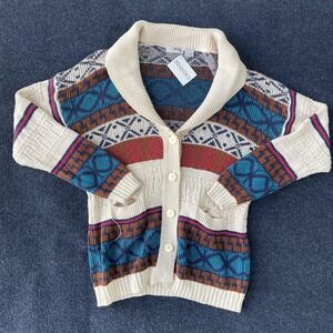 Vintage French Navy Sweater Mens Medium Cream Blue Geometric Shawl‎ Cardigan 90s